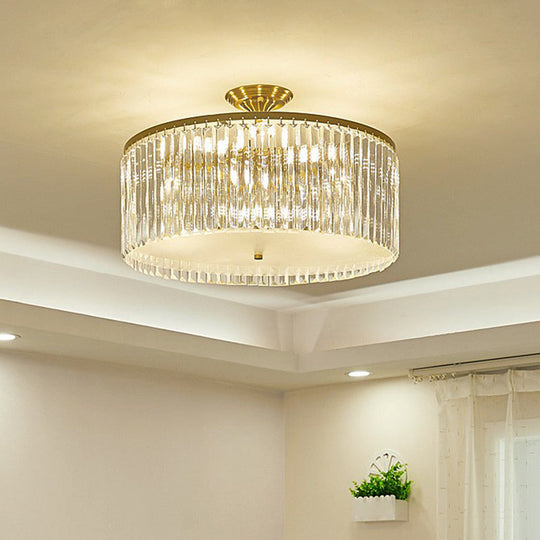 Minimalist Bedroom Sparkle: Clear Crystal Drum Semi - Flush Mount Ceiling Light With A Design / 15’