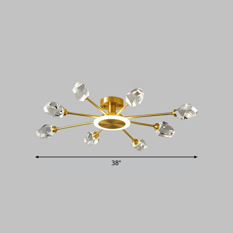 Radiant Bedroom Elegance: Post - Modern Gold Led Ceiling Light With Crystal Block Radial Design