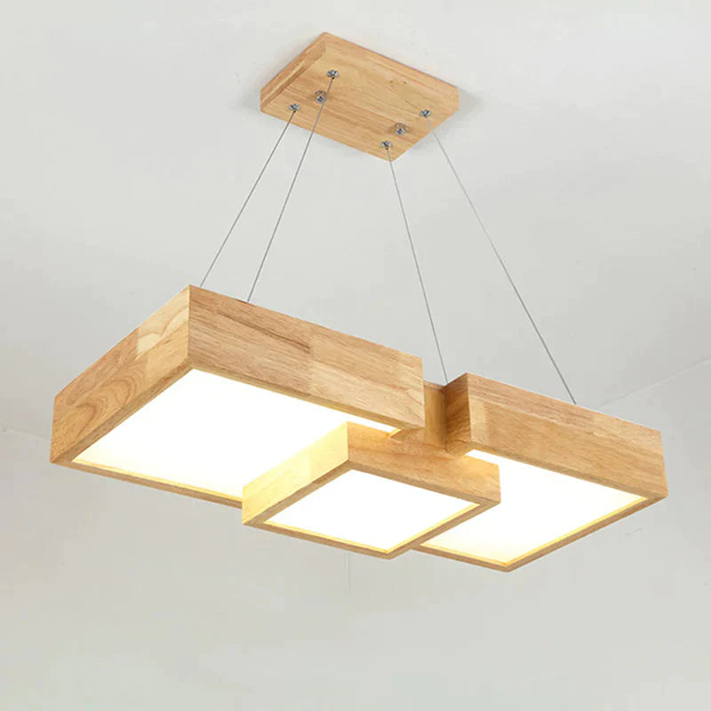 Modern Rhombus/Square Led Chandelier Pendant Wooden 3 - Light Bedroom Ceiling Lamp In Warm/White