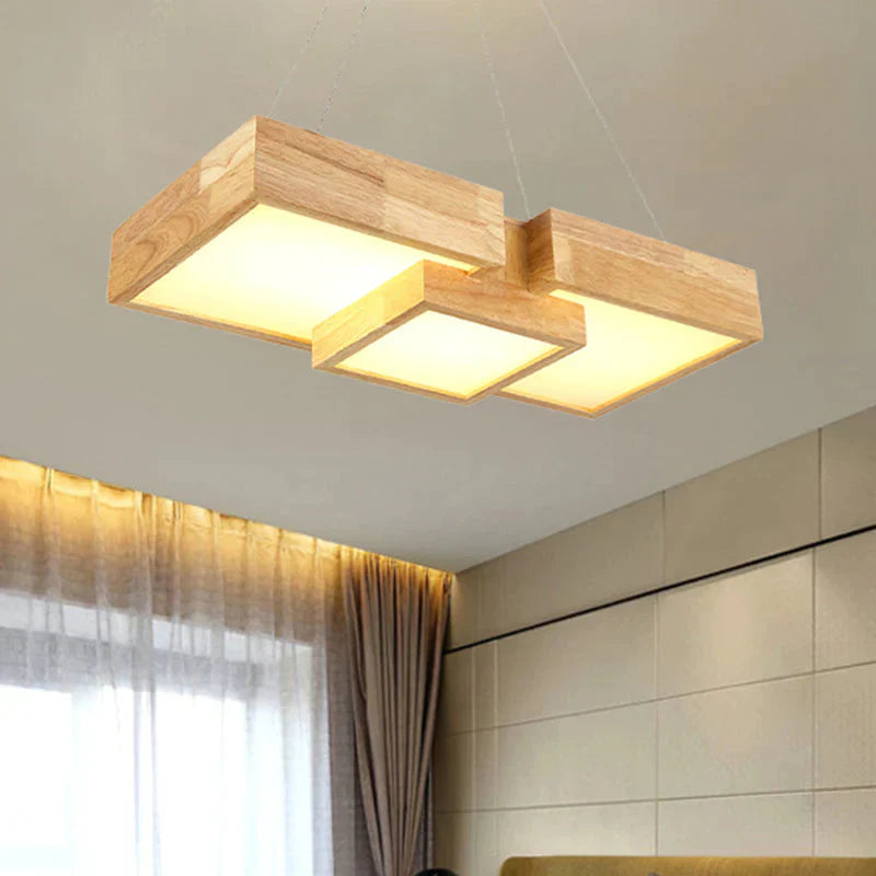 Modern Rhombus/Square Led Chandelier Pendant Wooden 3 - Light Bedroom Ceiling Lamp In Warm/White