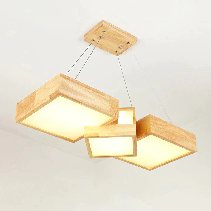 Modern Rhombus/Square Led Chandelier Pendant Wooden 3 - Light Bedroom Ceiling Lamp In Warm/White