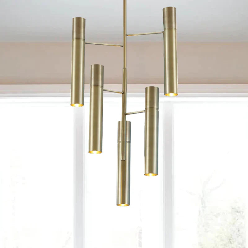 6/10 Heads Hallway Chandelier Lighting With Cylinder Metal Shade Modern Gold Hanging Lamp