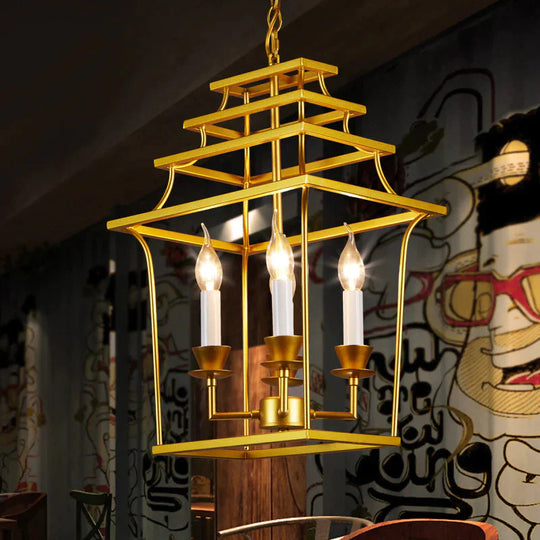 4 Heads Metal Chandelier Vintage Style Gold Cage Shade Living Room Pendant Light With Adjustable