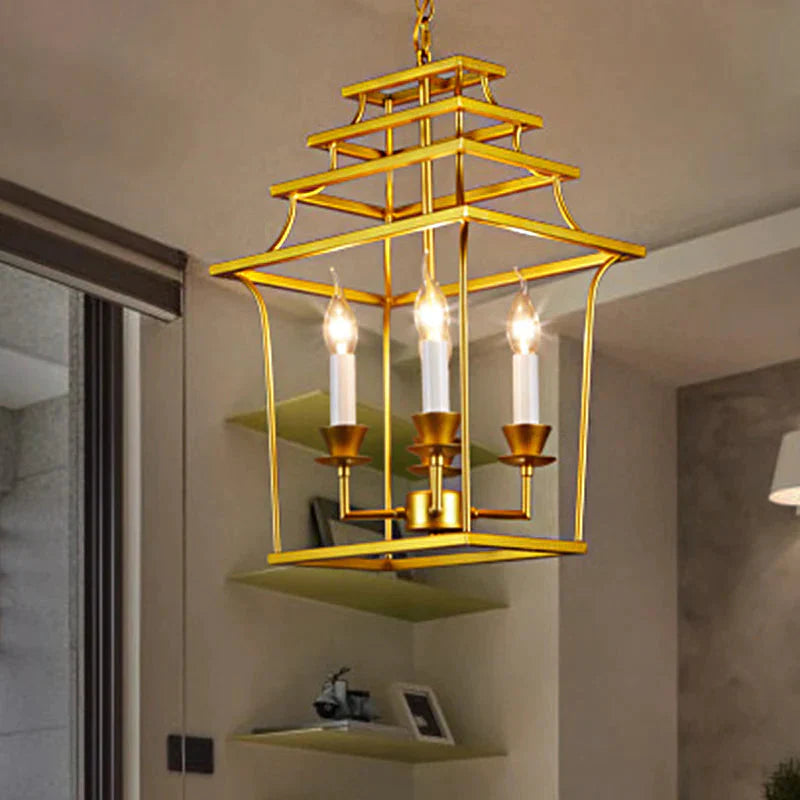 4 Heads Metal Chandelier Vintage Style Gold Cage Shade Living Room Pendant Light With Adjustable