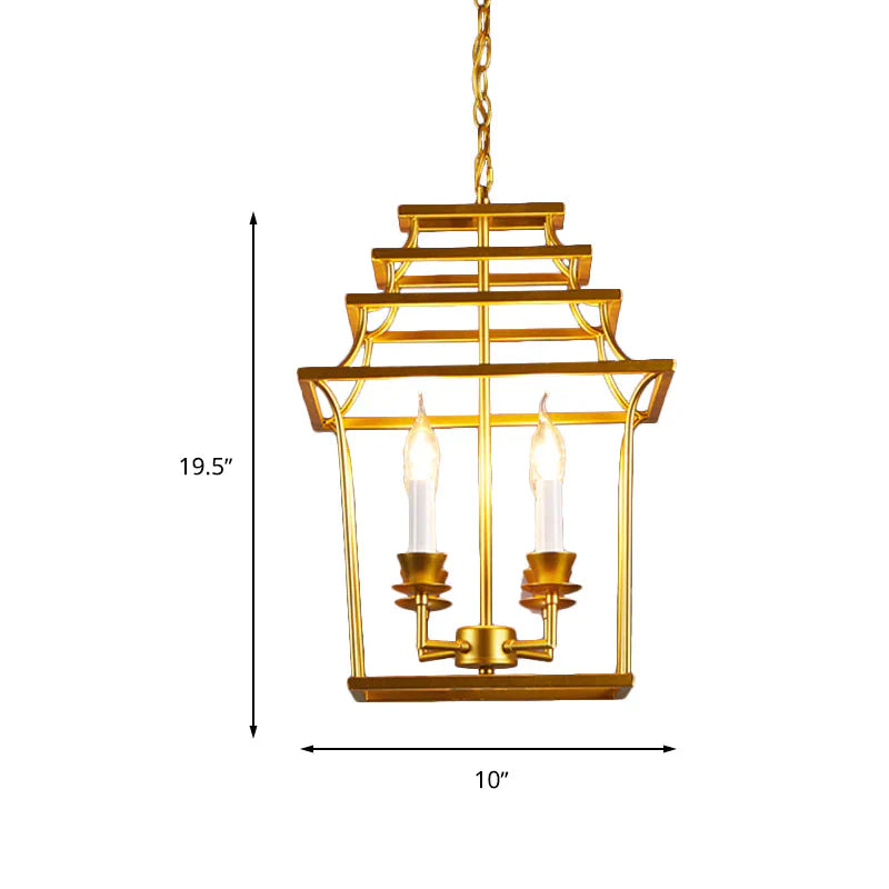 4 Heads Metal Chandelier Vintage Style Gold Cage Shade Living Room Pendant Light With Adjustable