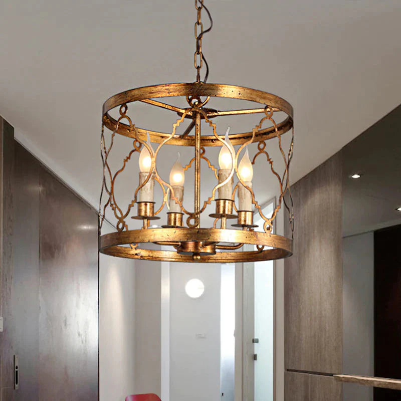 Metal Drum Shade Chandelier Lamp Retro 4 - Head Bedroom Pendant Ceiling Light In Gold