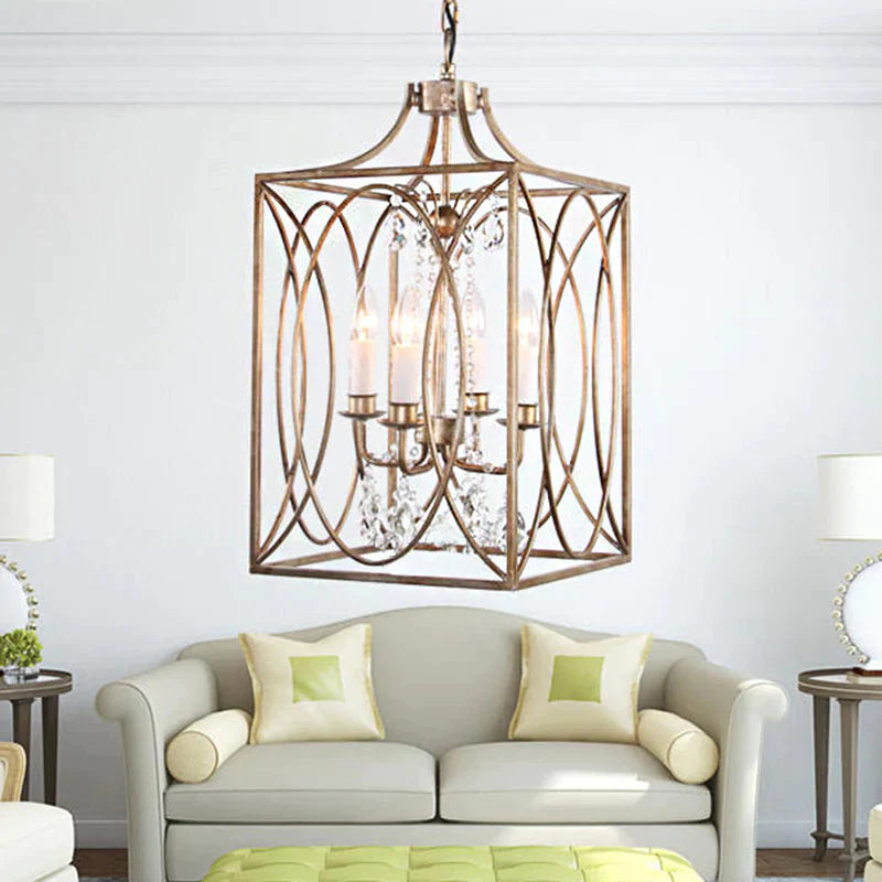 Rectangle Living Room Hanging Lamp Traditional Metal 4 Bulbs Brass Chandelier Pendant Light With