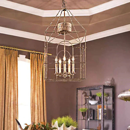 Rust Rectangular Pendant Chandelier Rural Metal 4 Heads Dining Room Hanging Ceiling Light