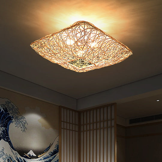 3 - Light Square Ceiling Flush Mount Light In Rattan Wood For Bedroom Pendant Lighting