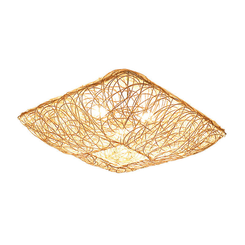 3 - Light Square Ceiling Flush Mount Light In Rattan Wood For Bedroom Pendant Lighting