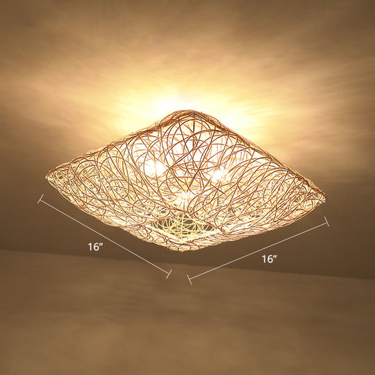 3 - Light Square Ceiling Flush Mount Light In Rattan Wood For Bedroom Pendant Lighting