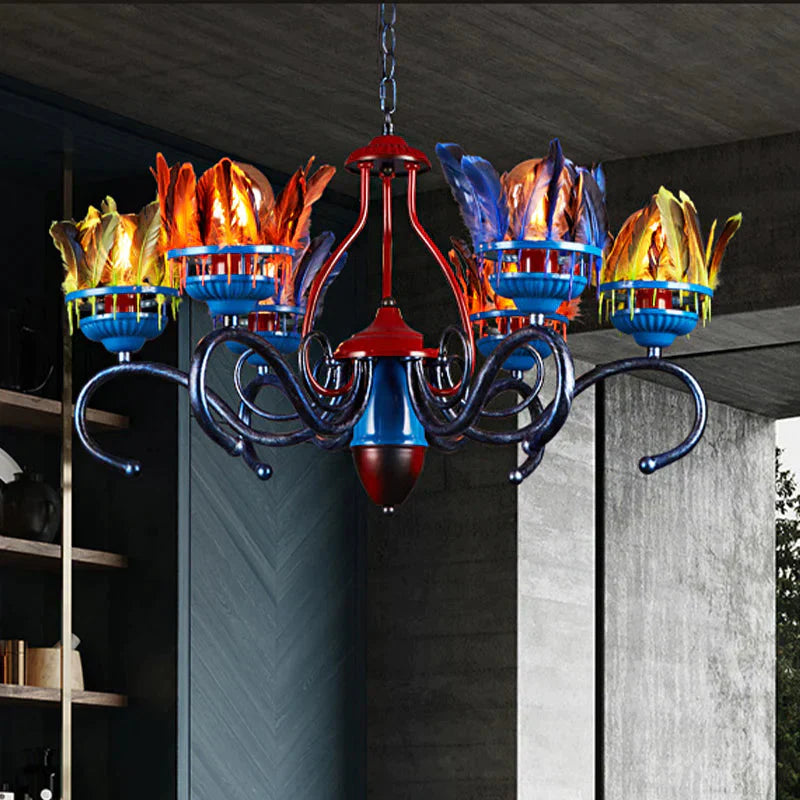 6 Lights Chandelier Lighting Fixture Antique Feather Metal Ceiling Suspension Lamp In Orange - Blue