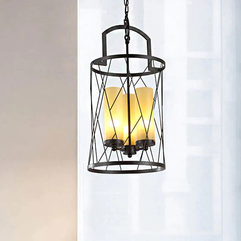 Cylinder Beige Glass Hanging 3 Light Chandelier In Black