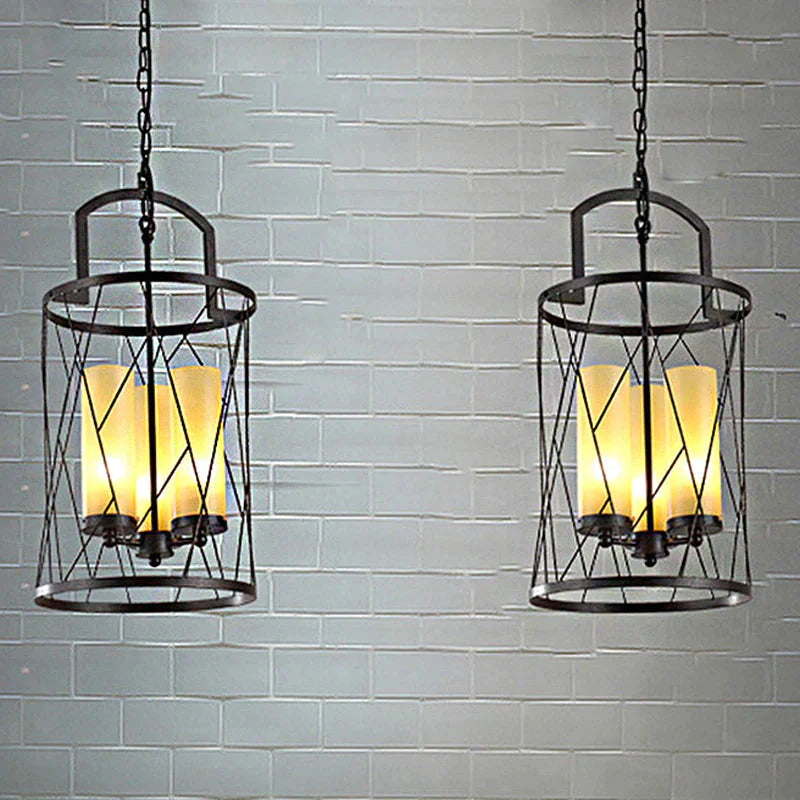 Cylinder Beige Glass Hanging 3 Light Chandelier In Black