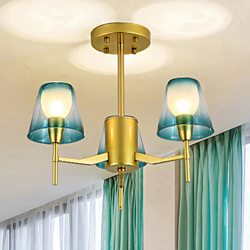 Blue 3 Lights Pendant Chandelier Traditional Metal Tapered Hanging Light For Living Room