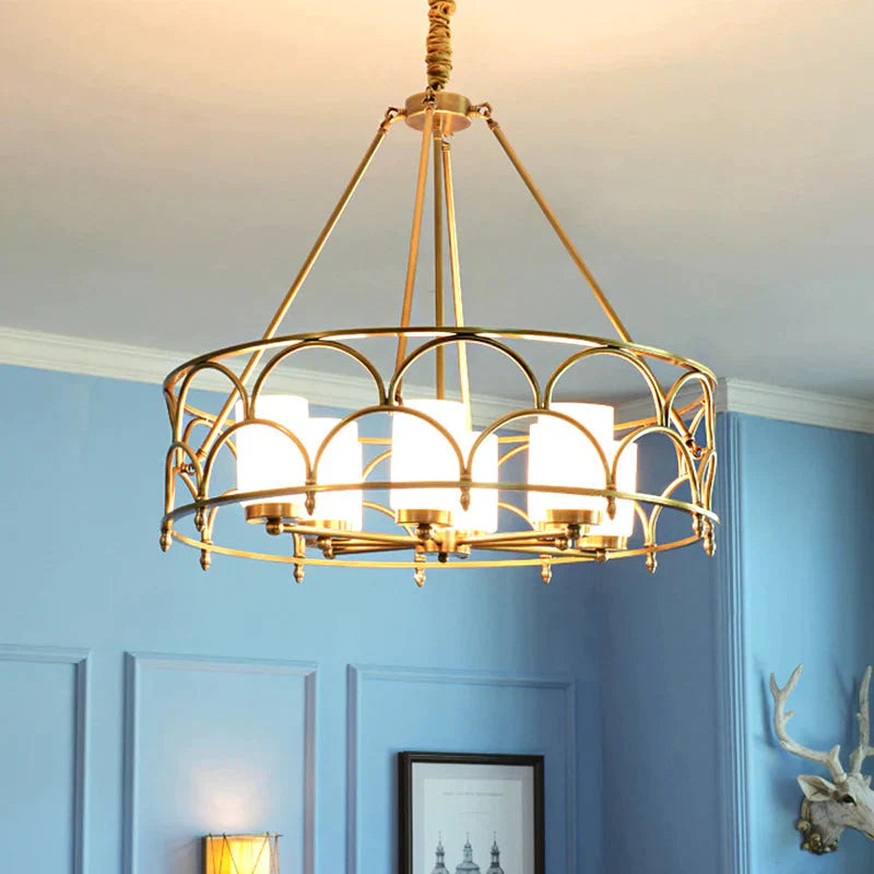 Cylinder Chandelier Modern Metal 4/8 Bulbs Hanging Ceiling Light In Brass With Frosted Glass Shade