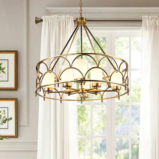 Cylinder Chandelier Modern Metal 4/8 Bulbs Hanging Ceiling Light In Brass With Frosted Glass Shade