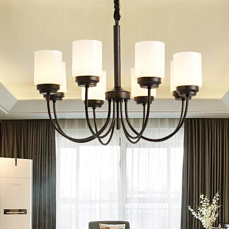 3/6/8 Lights Ceiling Light Traditional Cylinder Opal Glass Hanging Chandelier In Black For Living