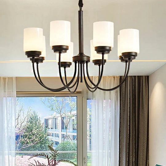 3/6/8 Lights Ceiling Light Traditional Cylinder Opal Glass Hanging Chandelier In Black For Living