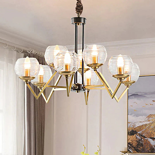 Gold 9/12 Lights Pendant Chandelier Traditional Clear Ribbed Glass Globe Hanging Light For Living