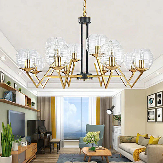 Gold 9/12 Lights Pendant Chandelier Traditional Clear Ribbed Glass Globe Hanging Light For Living