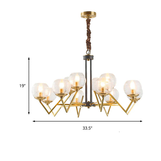 Gold 9/12 Lights Pendant Chandelier Traditional Clear Ribbed Glass Globe Hanging Light For Living