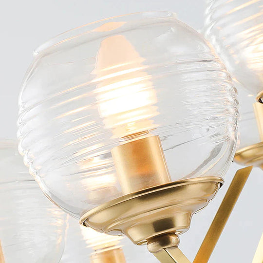 Gold 9/12 Lights Pendant Chandelier Traditional Clear Ribbed Glass Globe Hanging Light For Living