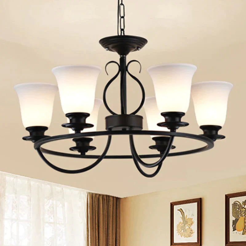 Bell Frosted Glass Chandelier Lighting Traditional 3/6/8 Lights Living Room Pendant In Black