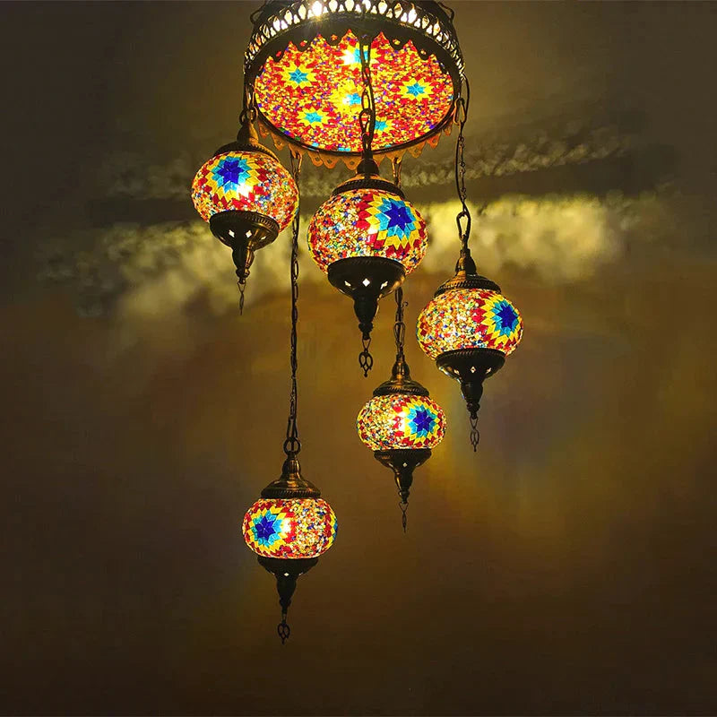 Ball Colorful Glass Hanging Chandelier Retro 6 Heads Bronze Ceiling Pendant Light For Restaurant