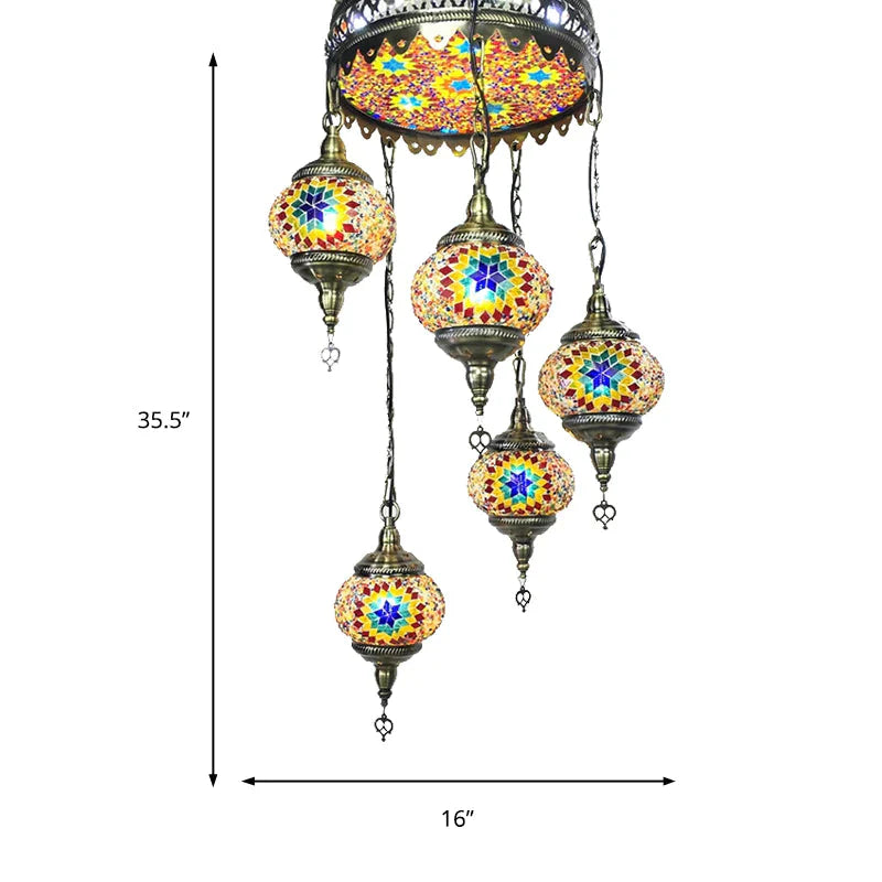 Ball Colorful Glass Hanging Chandelier Retro 6 Heads Bronze Ceiling Pendant Light For Restaurant