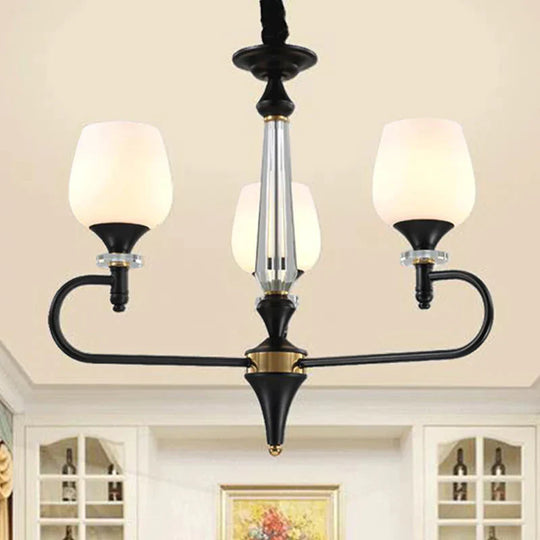 3/6 Lights Opal Glass Hanging Chandelier Traditional Matte Black Cone Living Room Pendant Light