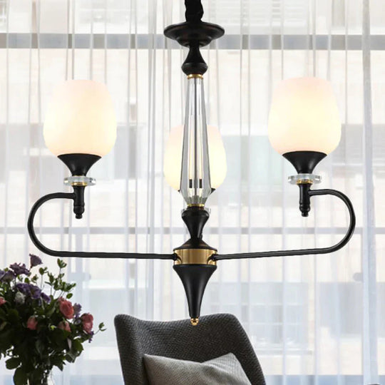 3/6 Lights Opal Glass Hanging Chandelier Traditional Matte Black Cone Living Room Pendant Light