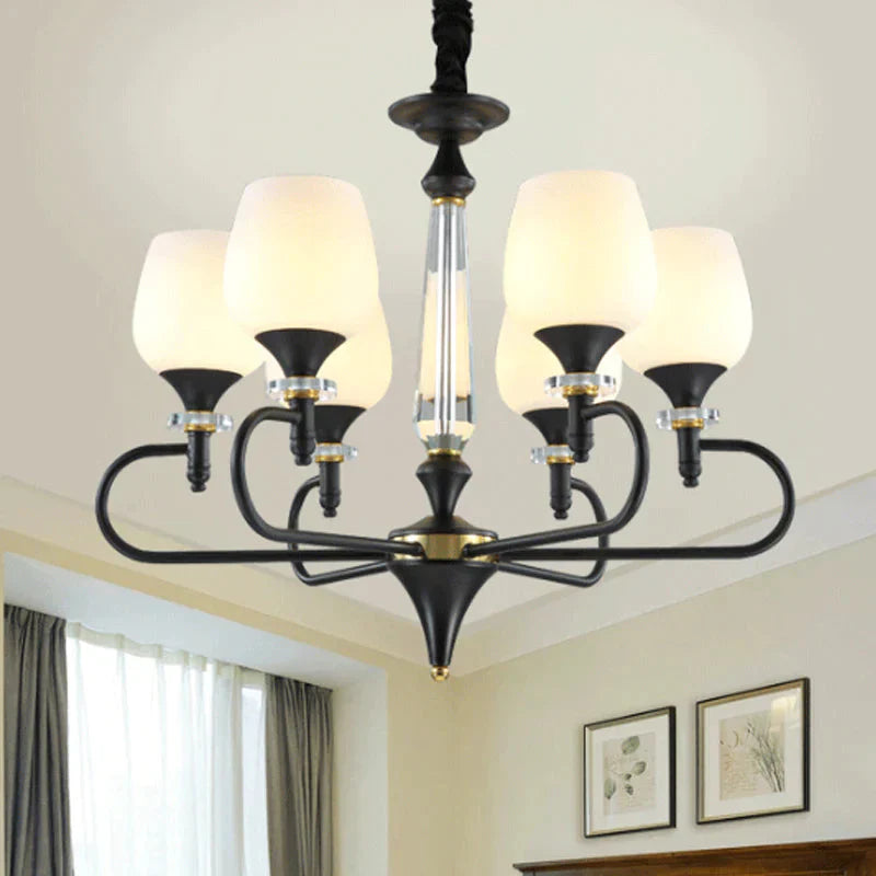 3/6 Lights Opal Glass Hanging Chandelier Traditional Matte Black Cone Living Room Pendant Light