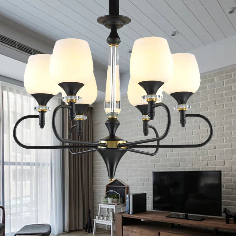 3/6 Lights Opal Glass Hanging Chandelier Traditional Matte Black Cone Living Room Pendant Light