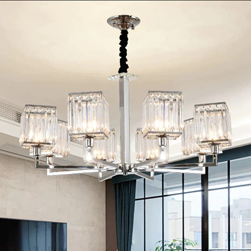 Cubic Hanging Ceiling Light Modern Prismatic Optical Crystal 6/8 Lights Chrome Chandelier