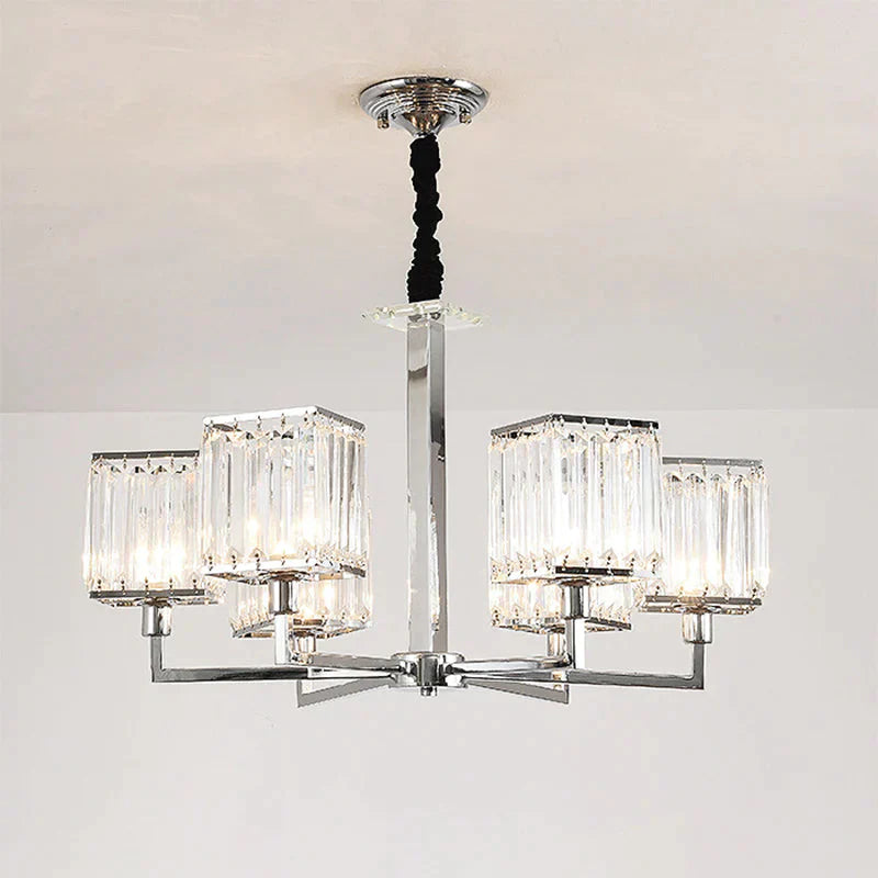 Cubic Hanging Ceiling Light Modern Prismatic Optical Crystal 6/8 Lights Chrome Chandelier