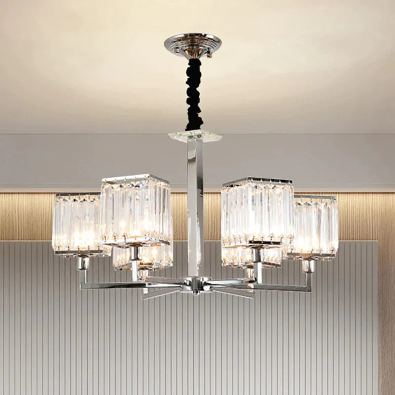 Cubic Hanging Ceiling Light Modern Prismatic Optical Crystal 6/8 Lights Chrome Chandelier