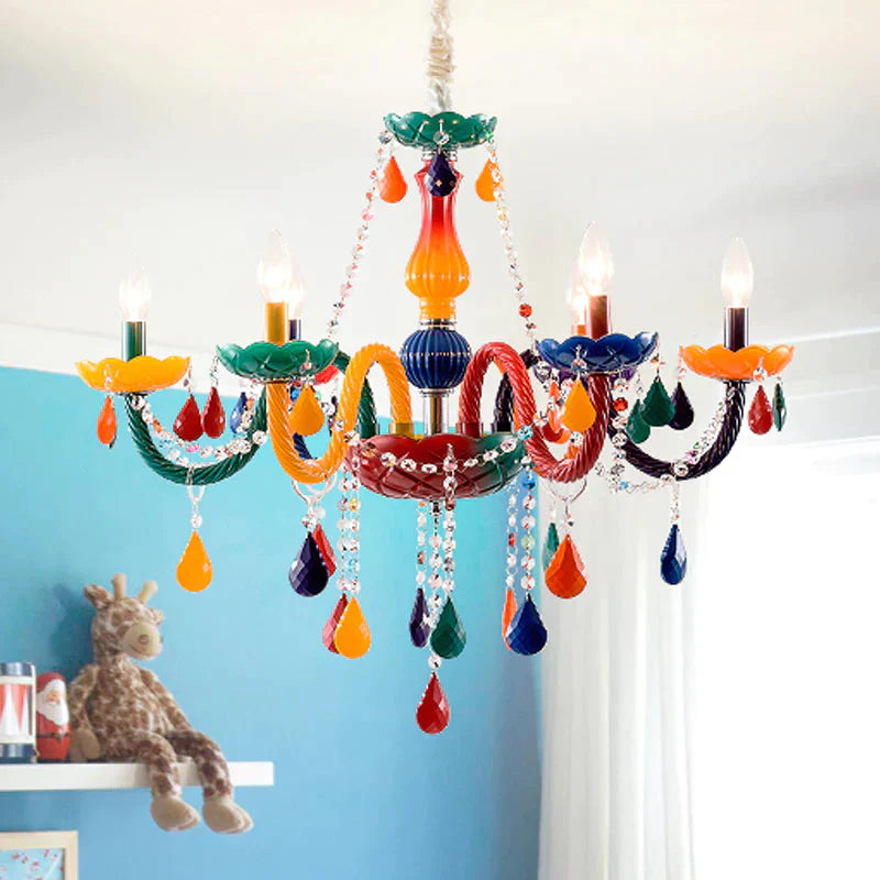 Beautiful Multi - Color Chandelier Candle 6 Lights Glass Pendant Light For Kindergarten Living Room