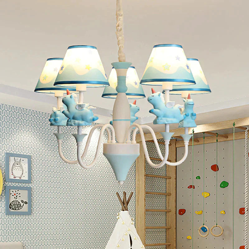 Bedroom Tapered Shade Hanging Lights Metal 5 Cartoon Unicorn Chandelier In Blue/Gold/Pink