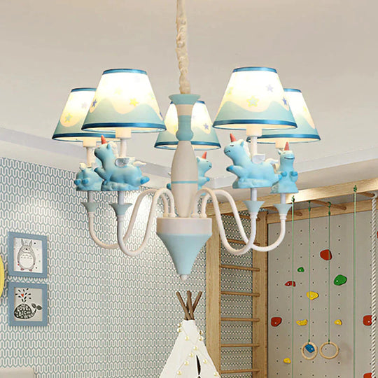 Bedroom Tapered Shade Hanging Lights Metal 5 Cartoon Unicorn Chandelier In Blue/Gold/Pink