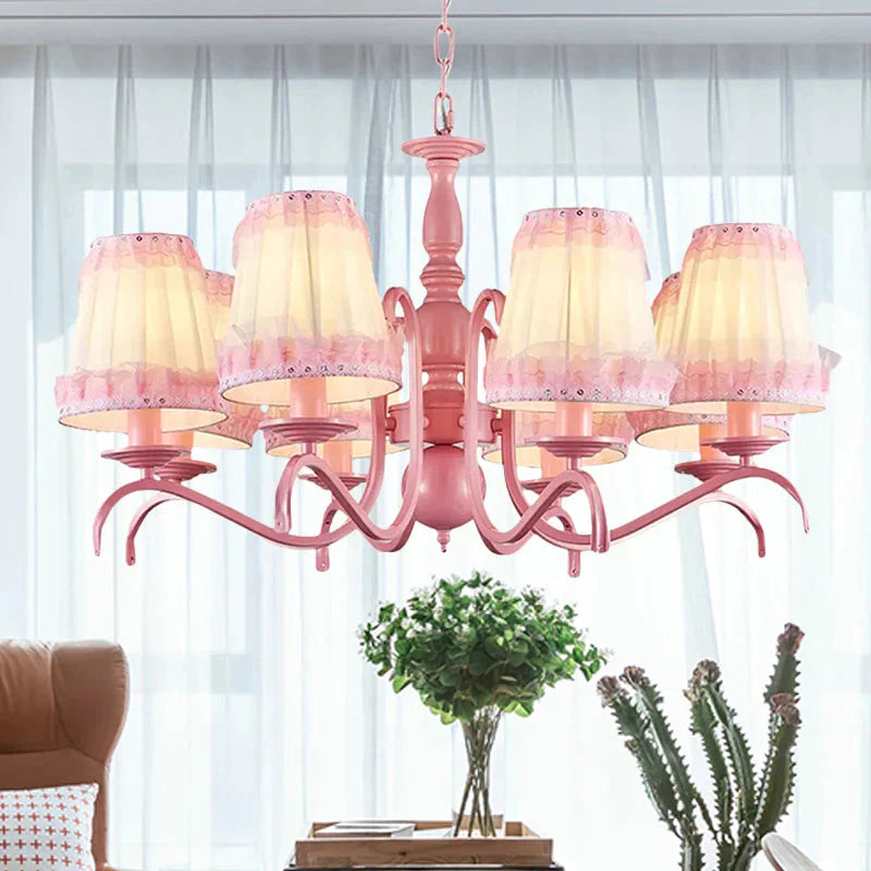 Kids Fold Tapered Shade Chandelier Metal Eight Lights Pink Pendant Light With Lace For Villa