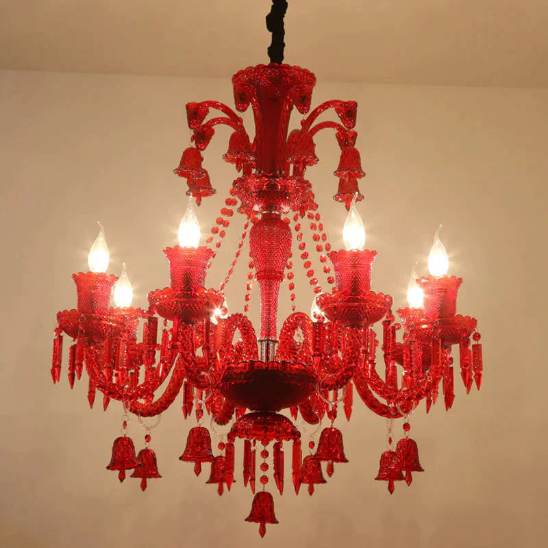 8 Lights Crystal Hanging Lamp Traditional Red/Blue/Purple Candelabra Living Room Chandelier Light