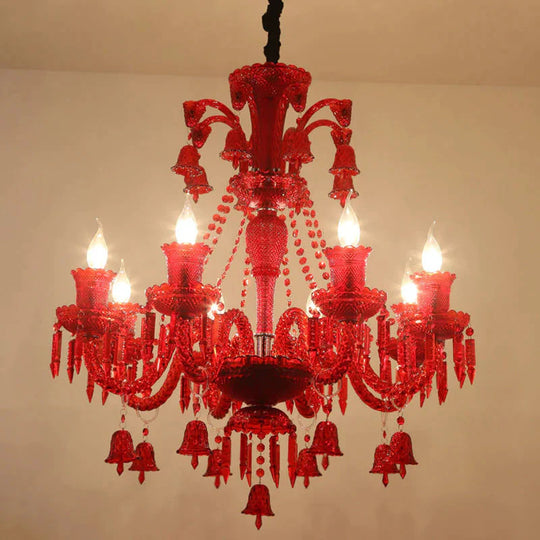 8 Lights Crystal Hanging Lamp Traditional Red/Blue/Purple Candelabra Living Room Chandelier Light