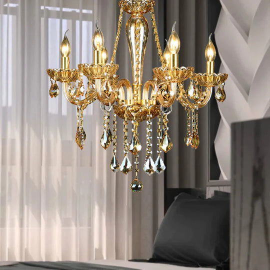 6 Heads Gold Glass Hanging Ceiling Light Traditional Candle Living Room Chandelier Lighting With