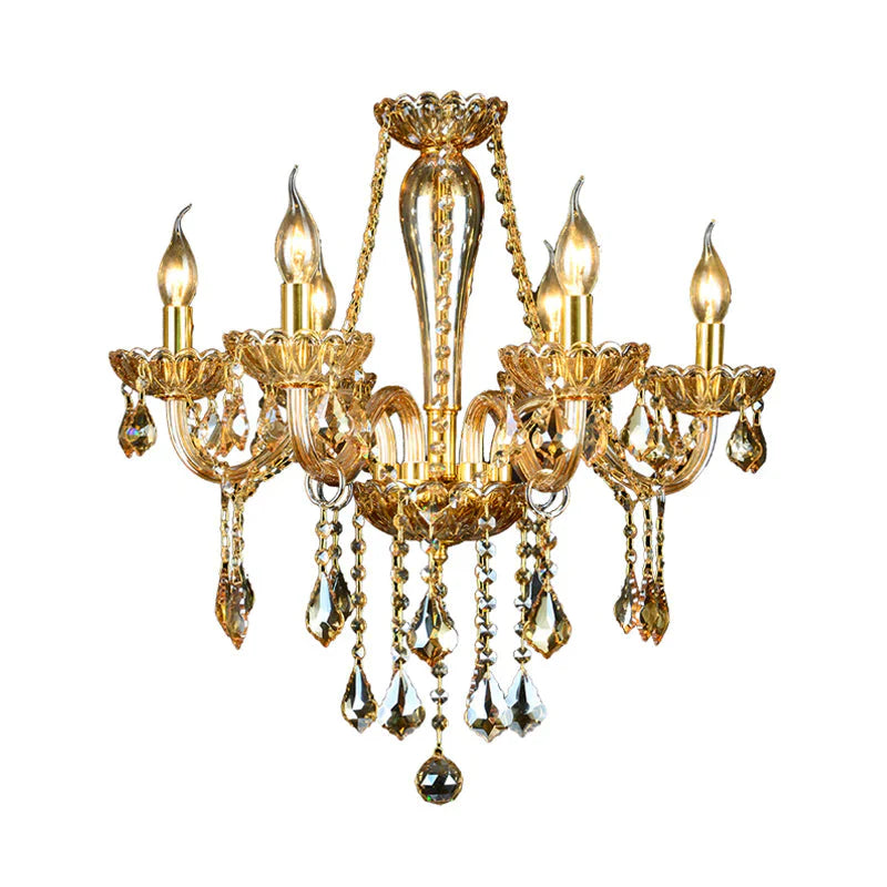 6 Heads Gold Glass Hanging Ceiling Light Traditional Candle Living Room Chandelier Lighting With