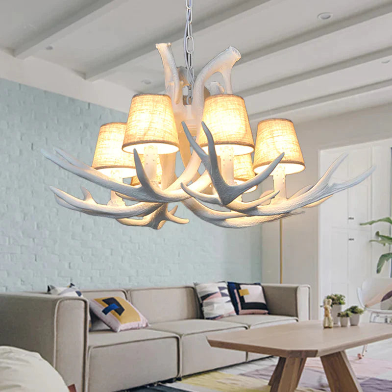 Resin White/Brown And Yellow Chandelier Lighting Antler 6 Lights Traditional Pendant Lamp For