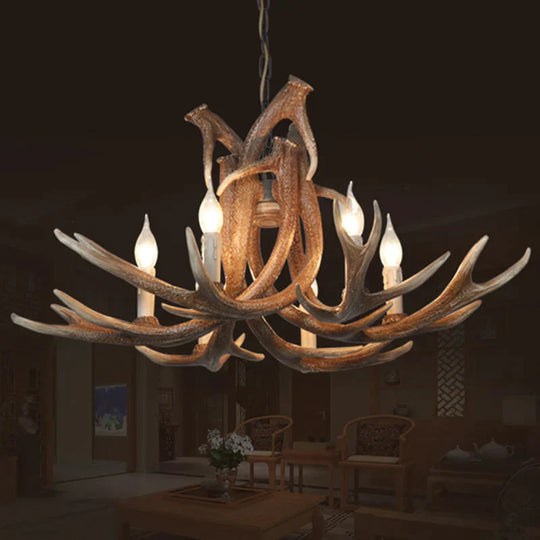 Resin White/Brown And Yellow Chandelier Lighting Antler 6 Lights Traditional Pendant Lamp For