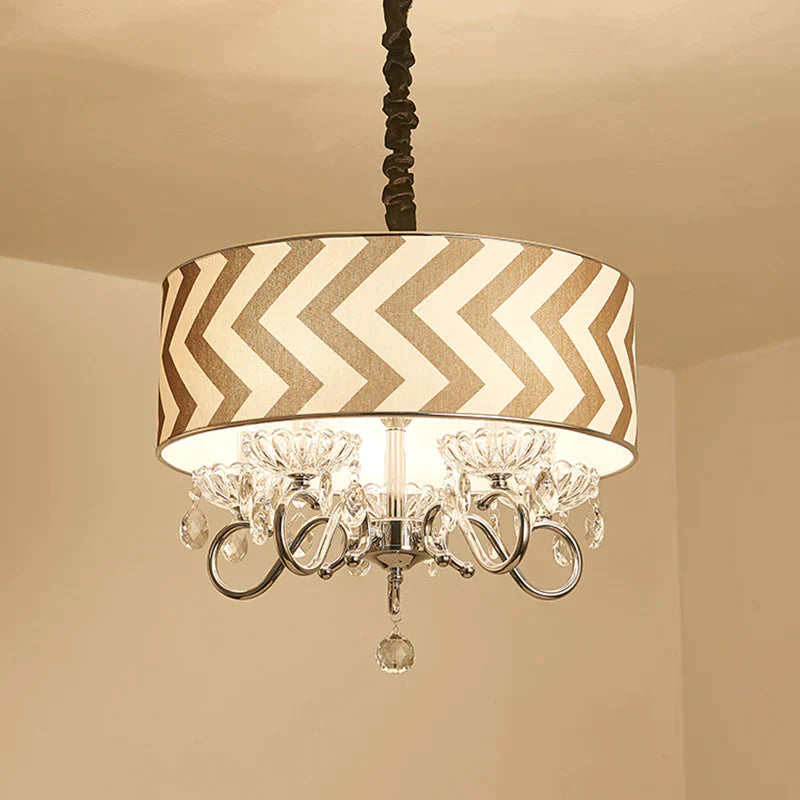 Drum Beige Fabric Chandelier Lamp Traditional 5 Heads Bedroom Hanging Light Fixture With Crystal