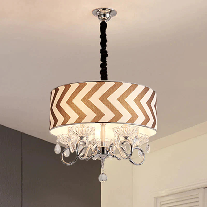 Drum Beige Fabric Chandelier Lamp Traditional 5 Heads Bedroom Hanging Light Fixture With Crystal