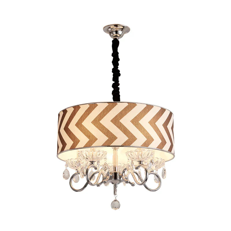 Drum Beige Fabric Chandelier Lamp Traditional 5 Heads Bedroom Hanging Light Fixture With Crystal